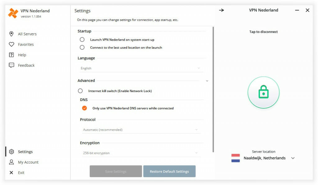 VPN Nederland app settings